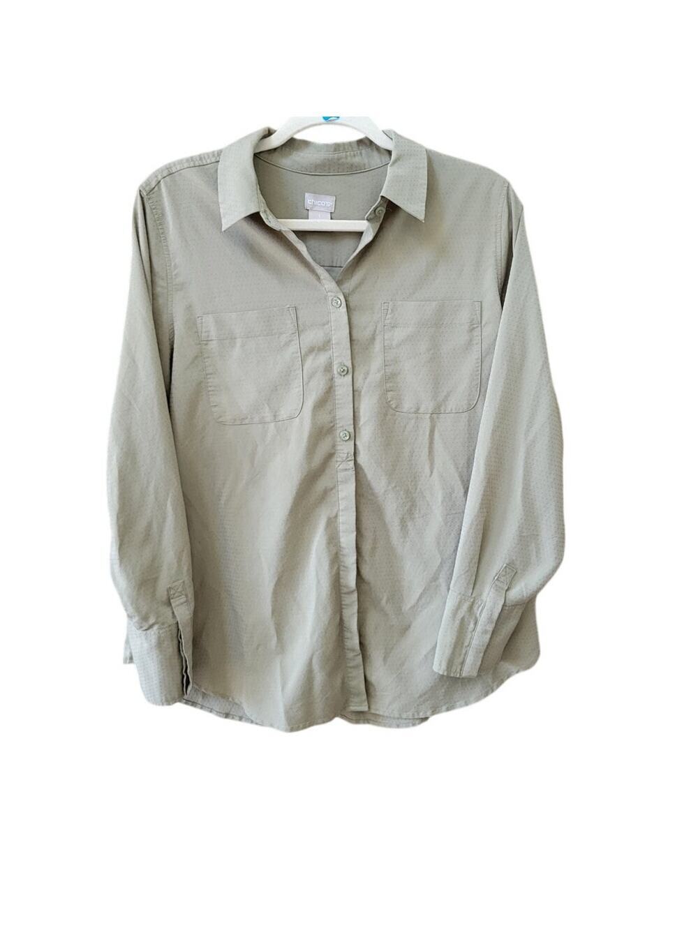 Chicos Size 1 Sage Green Textured Fabric Button Down Lightweight Blouse 8/10
